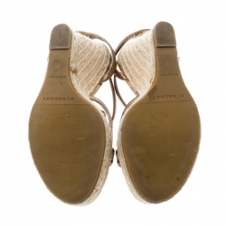 Burberry Beige Nova Check Canvas and Metallic Leather Cross Strap Espadrille Wedge Sandals Size 38