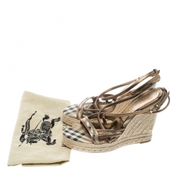 Burberry Beige Nova Check Canvas and Metallic Leather Cross Strap Espadrille Wedge Sandals Size 38