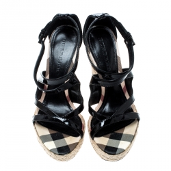 Pre Owned Burberry Black Patent Leather Espadrille Wedges Cross Strap Sandals Size 36