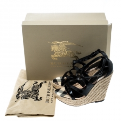 Pre Owned Burberry Black Patent Leather Espadrille Wedges Cross Strap Sandals Size 36