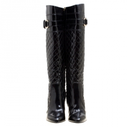 Pre Owned Burberry Black Quilted Patent Leather Knee High Boots Size 38