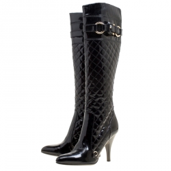 Pre Owned Burberry Black Quilted Patent Leather Knee High Boots Size 38