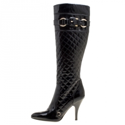 Pre Owned Burberry Black Quilted Patent Leather Knee High Boots Size 38