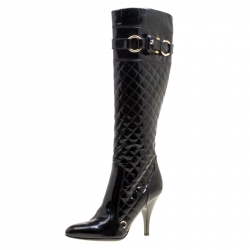Pre Owned Burberry Black Quilted Patent Leather Knee High Boots Size 38