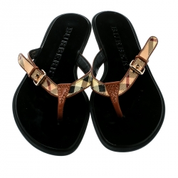 Pre Owned Burberry Beige Novacheck Canvas and Leather Thong Sandals Size 35