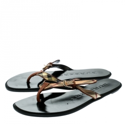 Pre Owned Burberry Beige Novacheck Canvas and Leather Thong Sandals Size 35