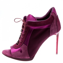 Pre Owned Burberry Pink Suede/Satin Lace Up Peep Toe Ankle Booties Size 39