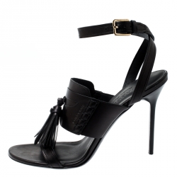 Pre Owned Burberry Black Leather Clarence Penny Keeper Tassel Strap Sandals Size 39