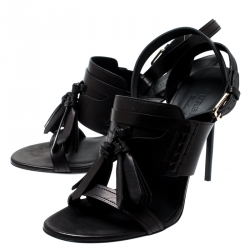 Pre Owned Burberry Black Leather Clarence Penny Keeper Tassel Strap Sandals Size 39