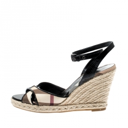 Pre Owned Burberry Black Patent Leather And Novacheck Canvas Espadrille Wedge Sandals Size 37
