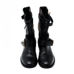 مملوكة مسبقًا Burberry Black Leather And Super Nova Check Canvas Grantville Mid Calf Boots Size 37.5