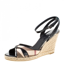 Pre Owned Burberry Black Patent Leather And Novacheck Canvas Espadrille Wedge Sandals Size 41
