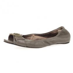 Pre Owned Burberry Grey Leather Clasp Peep Toe Ballet Flats Size 37.5