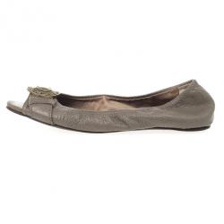 Pre Owned Burberry Grey Leather Clasp Peep Toe Ballet Flats Size 37.5