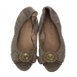 Pre Owned Burberry Grey Leather Clasp Peep Toe Ballet Flats Size 37.5