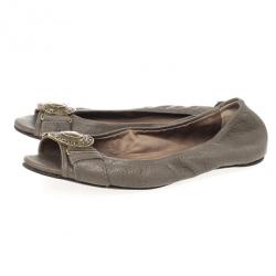 Pre Owned Burberry Grey Leather Clasp Peep Toe Ballet Flats Size 37.5