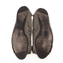 Pre Owned Burberry Grey Leather Clasp Peep Toe Ballet Flats Size 37.5