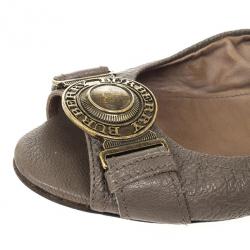 Pre Owned Burberry Grey Leather Clasp Peep Toe Ballet Flats Size 37.5