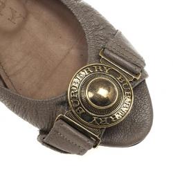 Pre Owned Burberry Grey Leather Clasp Peep Toe Ballet Flats Size 37.5
