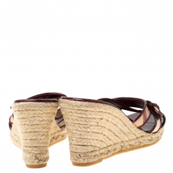 Pre Owned Burberry Burgundy Patent Leather And Nova Check Canvas Espadrille Wedge Sandals Size 40