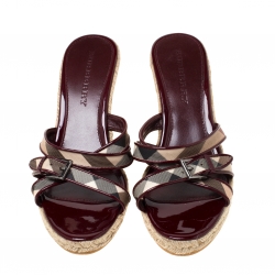 Pre Owned Burberry Burgundy Patent Leather And Nova Check Canvas Espadrille Wedge Sandals Size 40