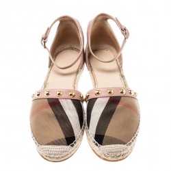 Pre Owned Burberry Pink Studded Leather and Nova Check Canvas Abbingdon Espadrille Flats Size 40.5