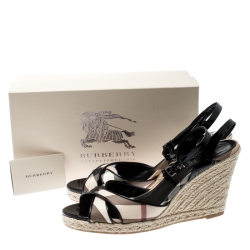 Burberry Black Nova Check Patent Leather and PVC Ankle Strap Espadrille Wedges Size 41