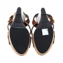 مملوكة مسبقًا Burberry Brown Novacheck Canvas and Leather Warlow Platform Wedge Sandals Size 36.5
