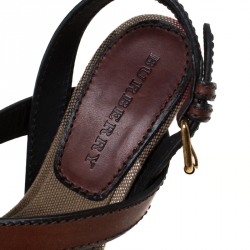 مملوكة مسبقًا Burberry Brown Novacheck Canvas and Leather Warlow Platform Wedge Sandals Size 36.5