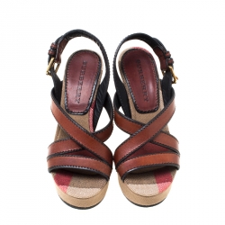 مملوكة مسبقًا Burberry Brown Novacheck Canvas and Leather Warlow Platform Wedge Sandals Size 36.5