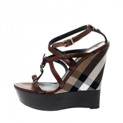Pre Owned Burberry Brown Strappy Leather Platform Housecheck Wedge Sandals Size 39