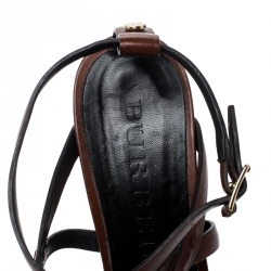 Pre Owned Burberry Brown Strappy Leather Platform Housecheck Wedge Sandals Size 39