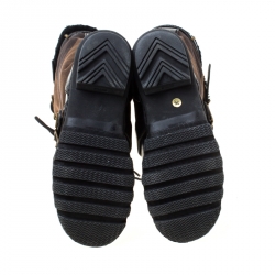 مملوكة مسبقًا Burberry Black Leather And Brown Mega Check Canvas Lace Up Fur Lined High Weather Boots Size 36