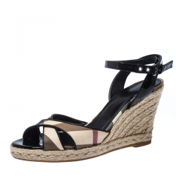 Pre Owned Burberry Black Patent Leather And Novacheck Canvas Espadrille Wedge Sandals Size 36.5