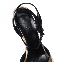 Pre Owned Burberry Black Patent Leather And Novacheck Canvas Espadrille Wedge Sandals Size 36.5