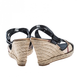 Pre Owned Burberry Black Patent Leather And Novacheck Canvas Espadrille Wedge Sandals Size 36.5
