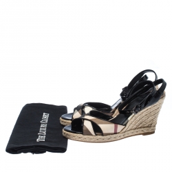 Pre Owned Burberry Black Patent Leather And Novacheck Canvas Espadrille Wedge Sandals Size 36.5