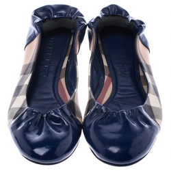 Pre Owned Burberry Blue Patent Leather And Nova Check Canvas Scrunch Ballet Flats Size 39