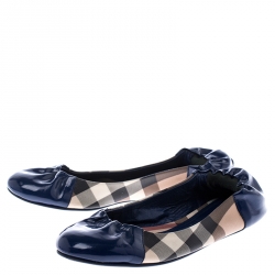 Pre Owned Burberry Blue Patent Leather And Nova Check Canvas Scrunch Ballet Flats Size 39