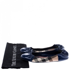 Pre Owned Burberry Blue Patent Leather And Nova Check Canvas Scrunch Ballet Flats Size 39
