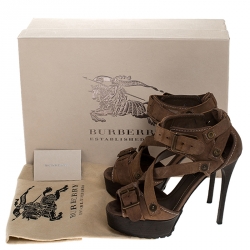 Pre Owned Burberry Brown Suede Buckle Detail Peep Toe Platform Sandals Size 37