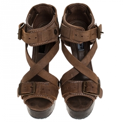 Burberry Brown Suede Buckle Detail Peep Toe Platform Sandals Size 37