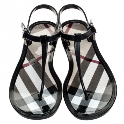 Pre Owned Burberry Black Nova Check PVC Thong Ankle Strap Flats Size 38