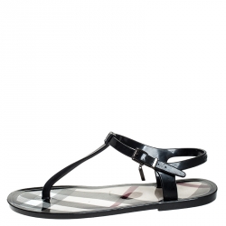Pre Owned Burberry Black Nova Check PVC Thong Ankle Strap Flats Size 38