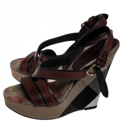 مملوكة مسبقًا Burberry Burgundy Leather And Nova Check Canvas Cross Strap Wedge Open Toe Sandals Size 39
