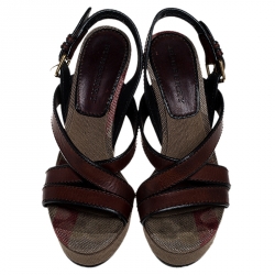 مملوكة مسبقًا Burberry Burgundy Leather And Nova Check Canvas Cross Strap Wedge Open Toe Sandals Size 39