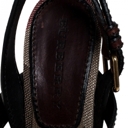 مملوكة مسبقًا Burberry Burgundy Leather And Nova Check Canvas Cross Strap Wedge Open Toe Sandals Size 39
