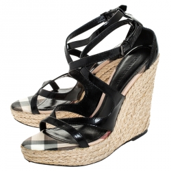 Pre Owned Burberry Black Leather Cross Strap Espadrille Wedge Sandals Size 40