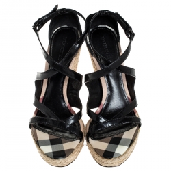 Pre Owned Burberry Black Leather Cross Strap Espadrille Wedge Sandals Size 40