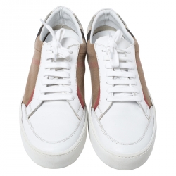 Pre Owned Burberry Beige Nova Check Canvas And White Leather Lace Up Sneakers Size 40.5